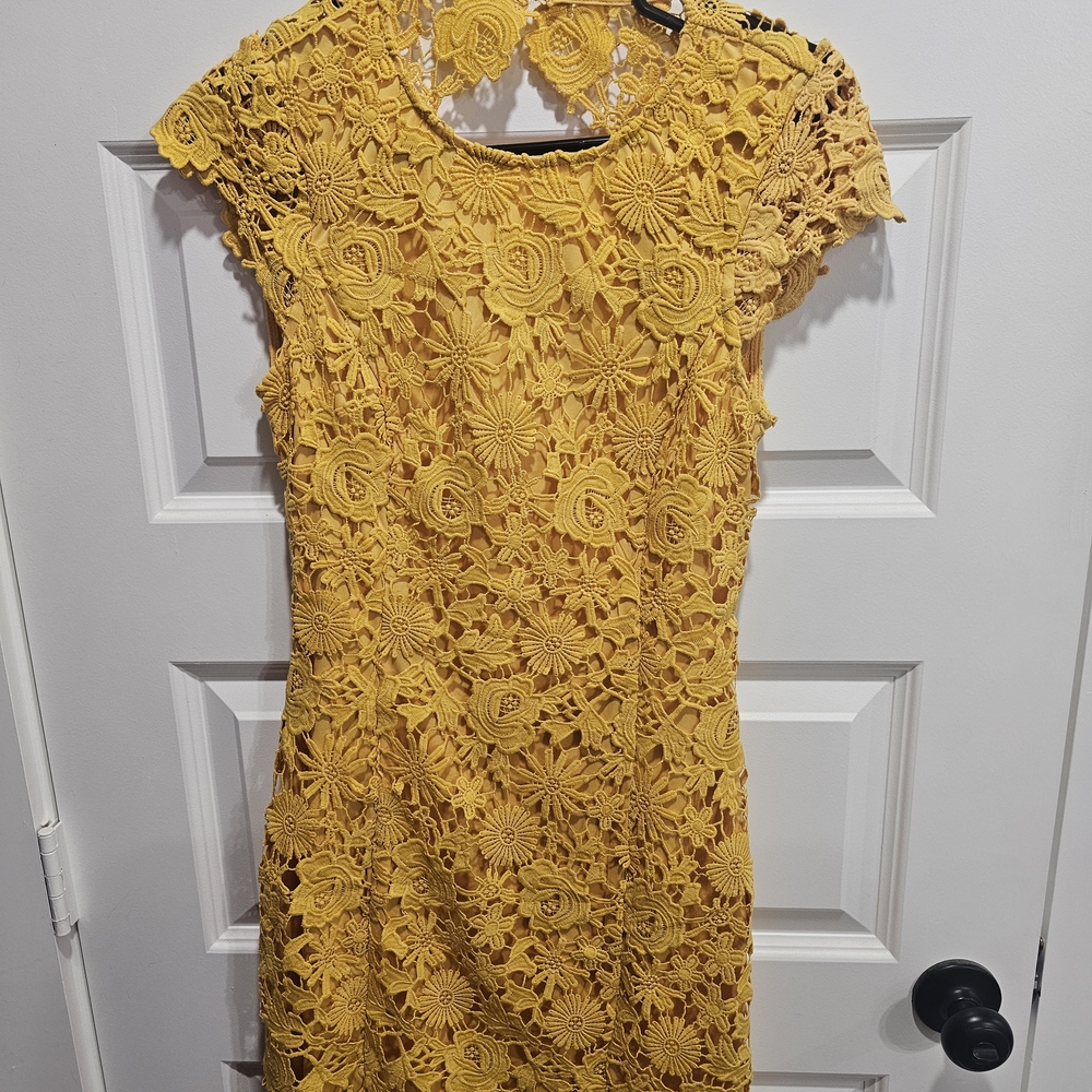 Lulu's Bright Yellow Floral Crochet Midi Dress